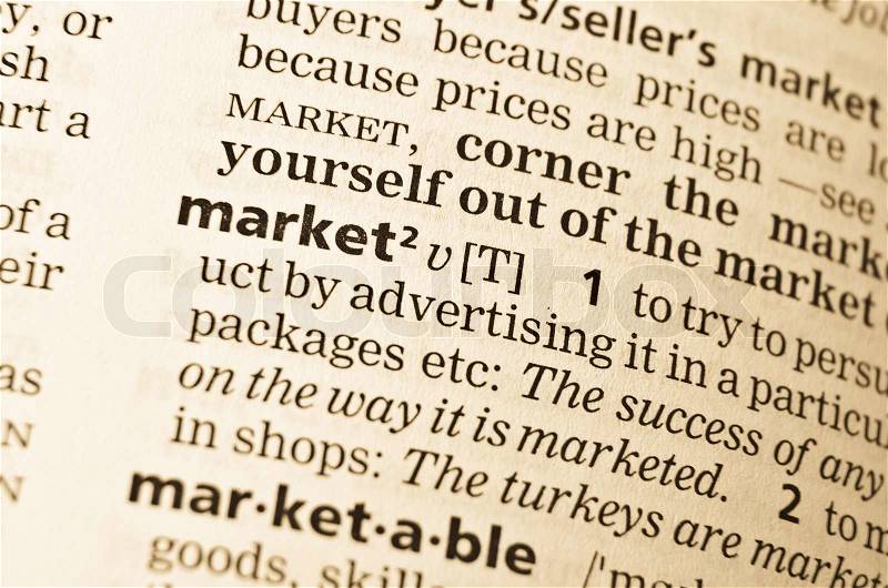 The word market in the old dictionary Selective focus effect, stock photo