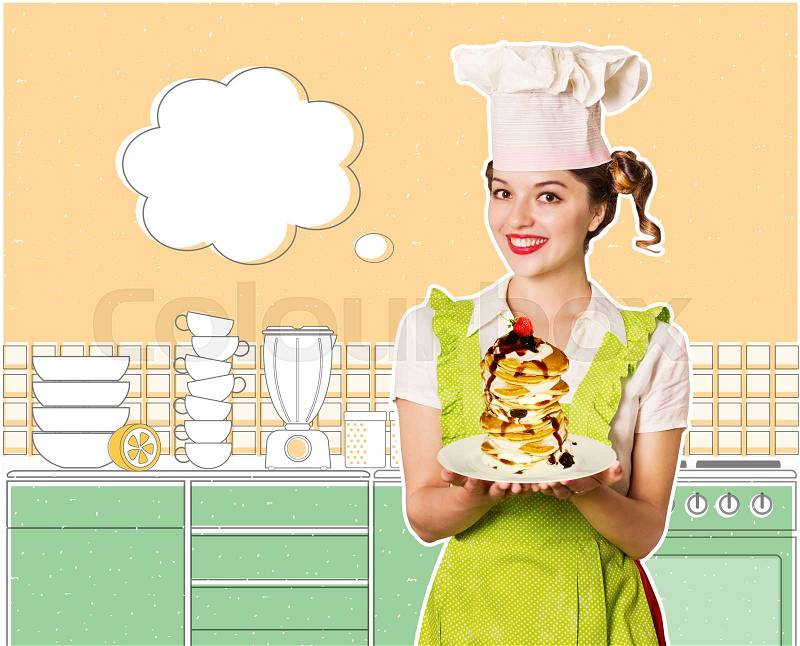 Woman chef and sweet pancakes in the kitchen room.Kitchen collage background for text, stock photo
