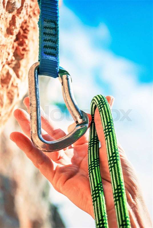 Extreme sport. Rope for climbing and quick-draws, stock photo