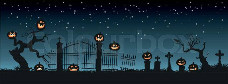 Holiday Halloween. Black silhouettes of pumpkins on the cemetery on night sky background. Graveyard and broken trees. Vector illustration, vector
