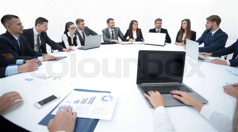 Meeting of shareholders of the company at the round - table.the business of the meeting, stock photo