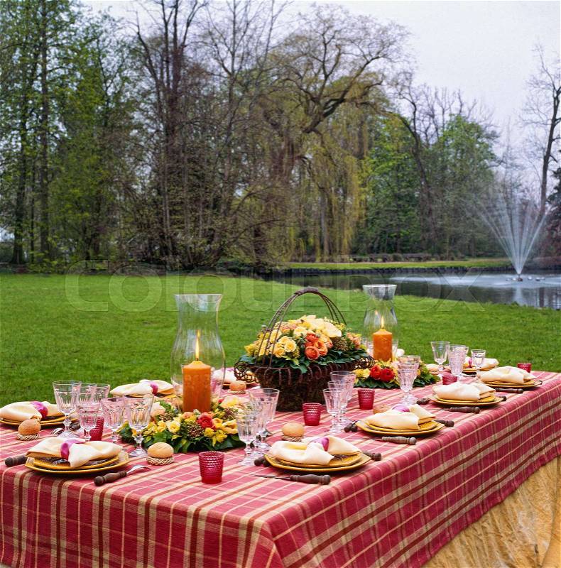 Dining table dressed in rural scene, country concept, stock photo