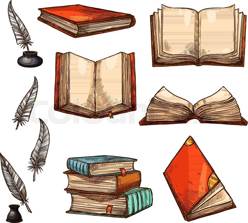 Old books and ancient manuscripts sketch icons. Vector set ...