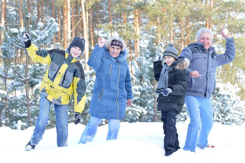 Grandparents and grandsons having fun together in winter, stock photo