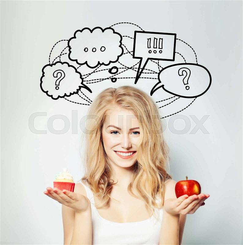 Happy Woman with Healthy and Unhealthy Food, Diet and Overweight Concept. Healthy Eating, Lifestyle. Weight Loss, stock photo