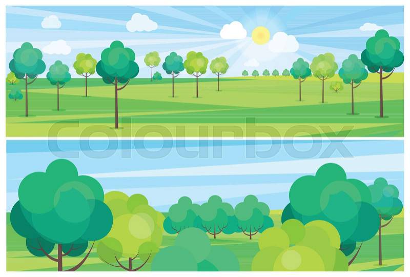 Picturesque scenery landscape with blue river and green trees growing on banks. Vector illustration of clean environment with nice weather, vector