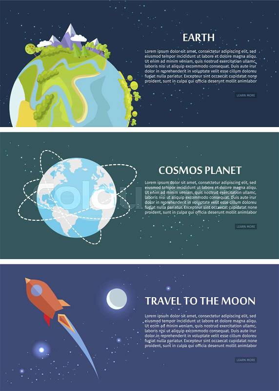 Earth cosmos planet travel to moon concept. Discovering new platents, start of life in space and saving Earth template vector poster withgreen trees and mountains, vector
