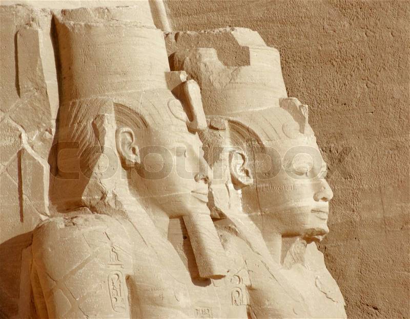 Architectural detail of some ancient sculptures at the historic Abu Simbel temples in Egypt Africa, stock photo