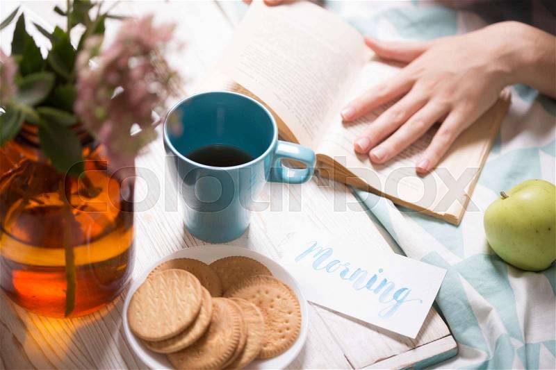 Background - beautiful cozy morning and girl reading book , stock photo