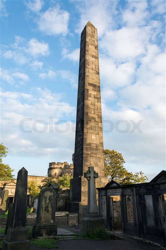 Obelisk on the Old Calton Burial Ground in Edinburgh, Scotland, stock photo