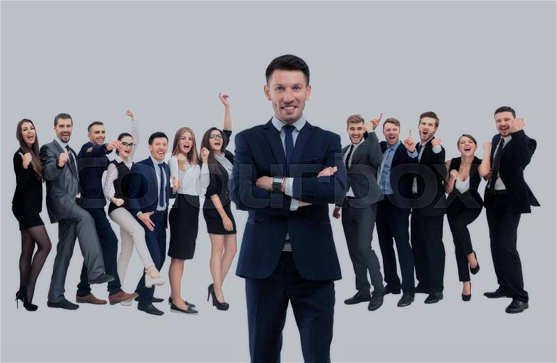 Happy successful business team isolated on white background, stock photo