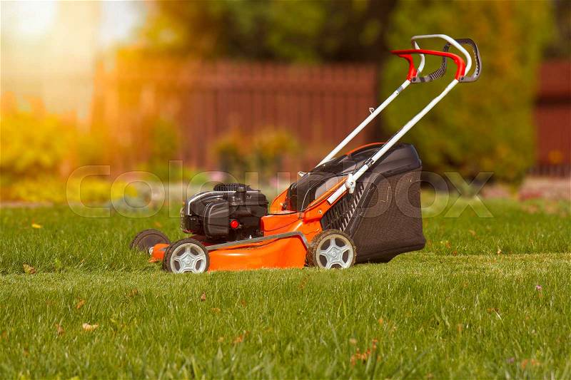 Lawn mower in the evening sun shines, stock photo