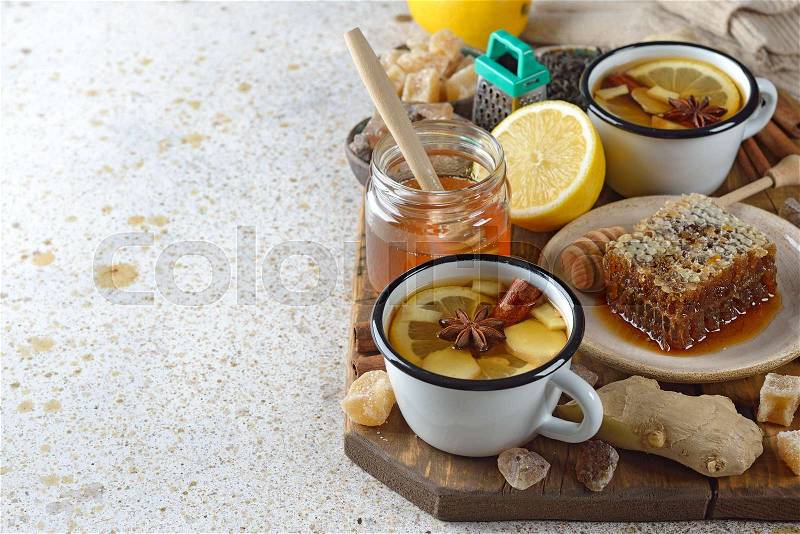 Firming tea with spices, lemon and ginger, flu and cold prevention, stock photo