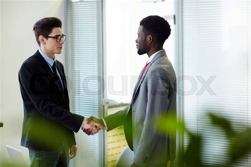Successful professionals welcoming one another by handshake, stock photo