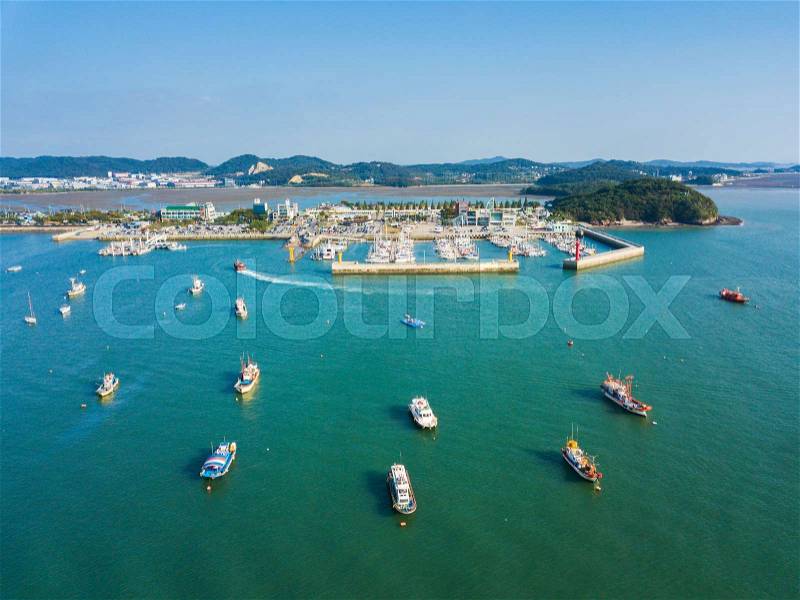High angle view of the sea with many boat in Daebudo Island,South Korea, stock photo