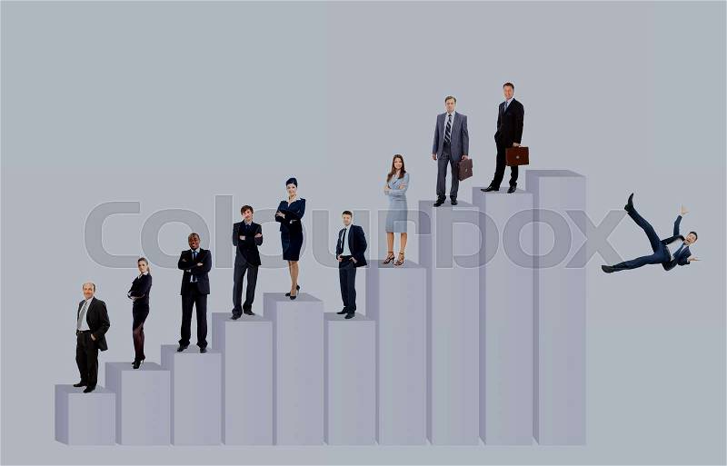Business team at growth stages and businessman falling off ladder. in the photo there is an empty space for your text, stock photo