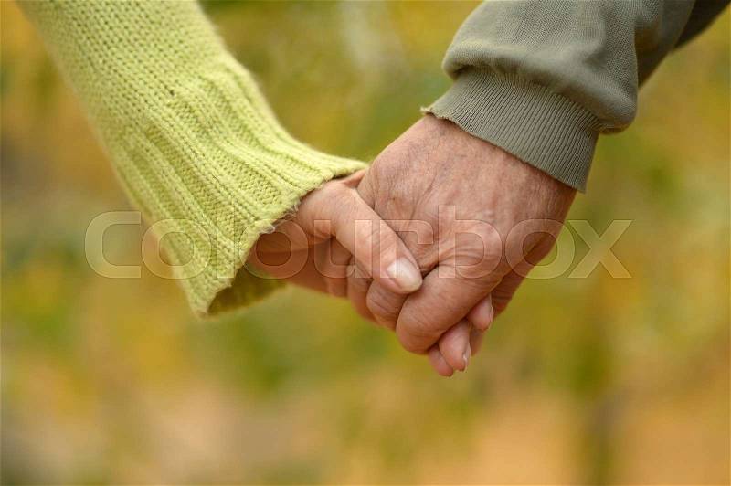 Elderly couple holding hands in autumn park, stock photo