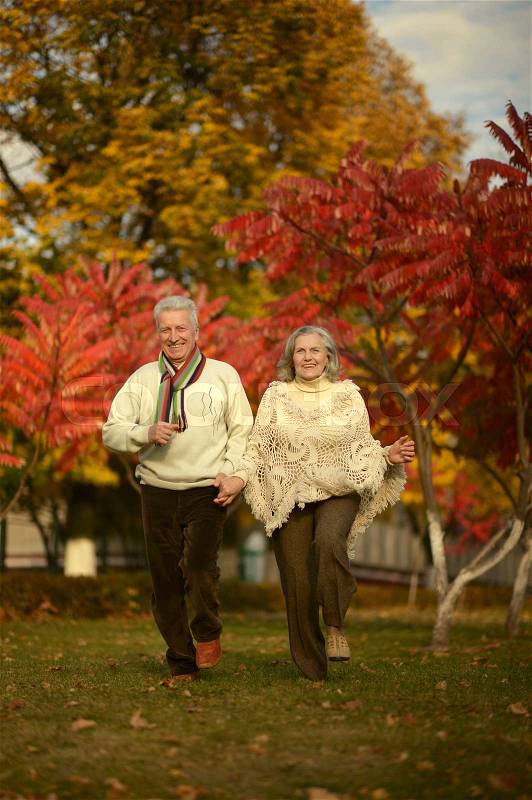 Senior couple running in casual clothing in park, stock photo