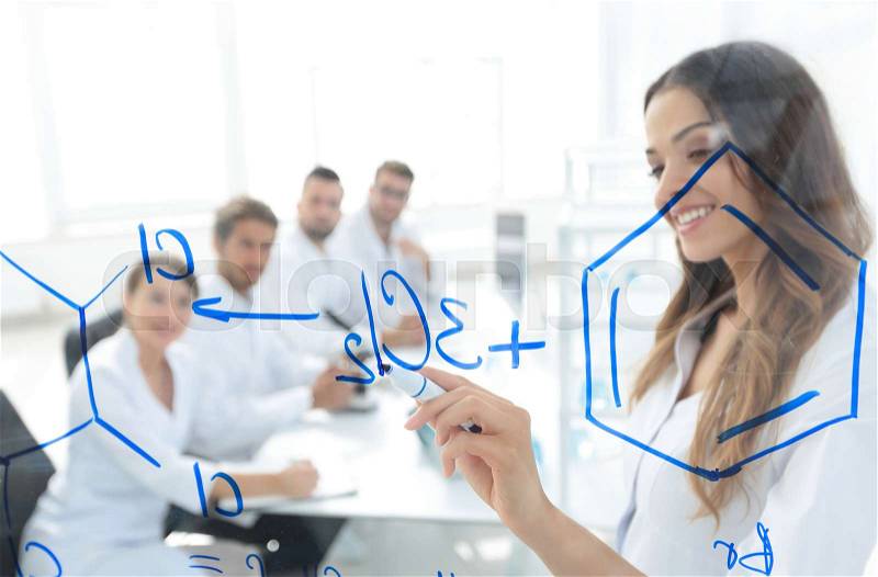 Background image female scientist makes a report to colleagues, stock photo