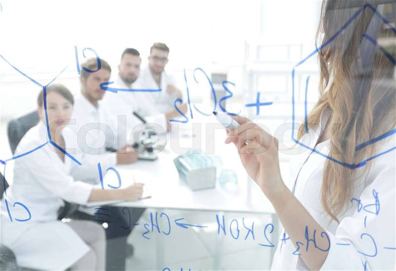 Background image female scientist makes a report to colleagues, stock photo