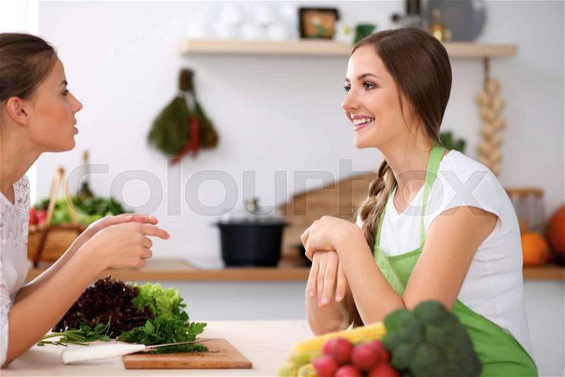 Two women is cooking in a kitchen. Friends having a pleasure talk while preparing and tasting salad. Friends Chef Cook concept, stock photo