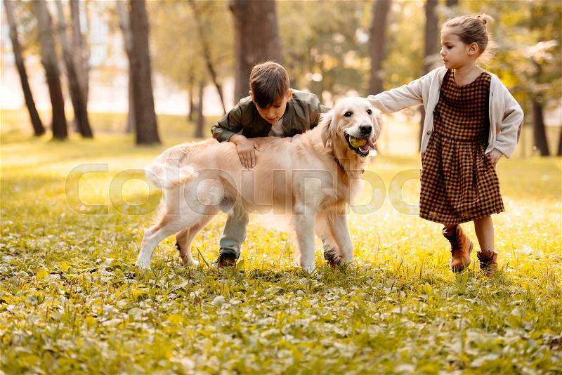 Two little children petting a dog in autumn park, stock photo