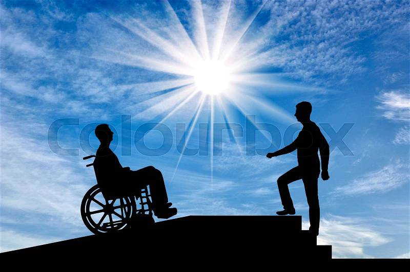 A disabled person in a wheelchair climbs up the ramp, and healthy man on the stairs. The concept of assistance and care of persons with disabilities in moving around the city, stock photo