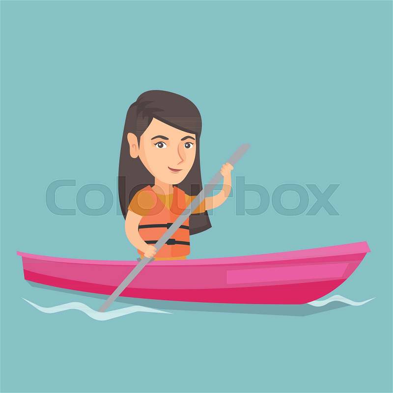Young caucasian traveler woman traveling by kayak. Sportswoman riding a kayak on river. Traveling woman paddling a canoe. Sport and tourism concept. Vector cartoon illustration. Square layout, vector