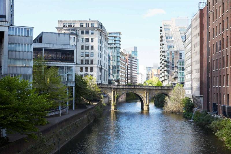 Manchester, UK - 4 May 2017: River Irwell Running Through Manchester City Centre, stock photo
