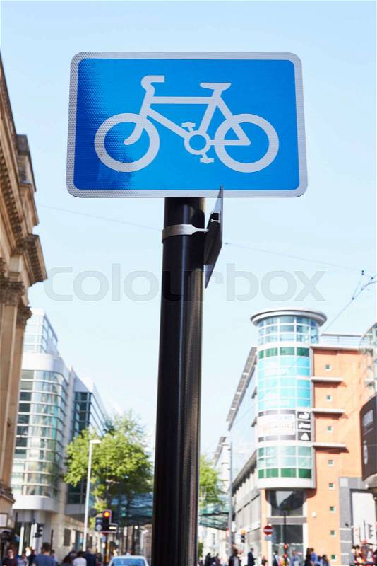 Manchester, UK - 10 May 2017: Cycle Route Sign In Manchester City Centre, stock photo