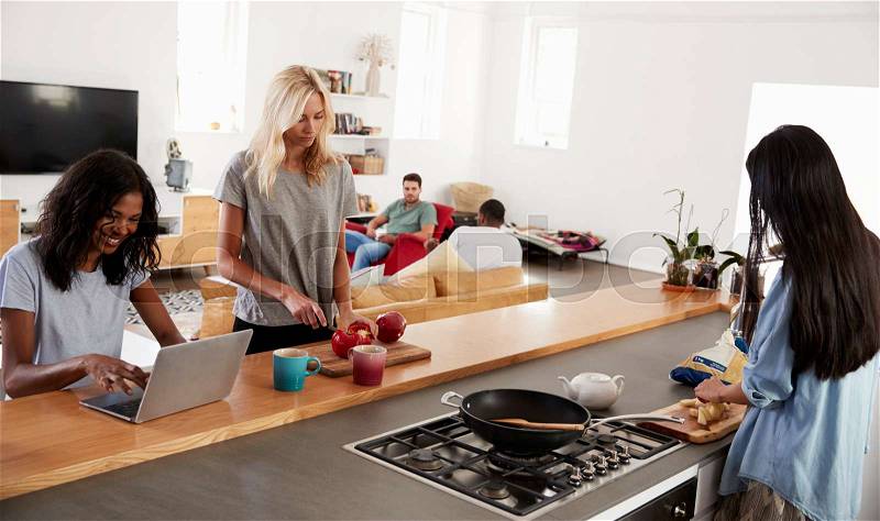 Friends Preparing Meal Together In Modern Kitchen, stock photo