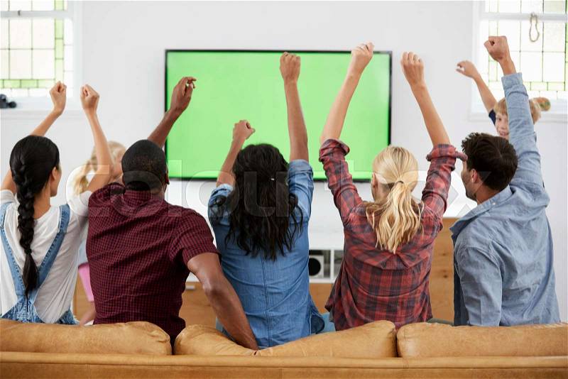 Group Of Young Friends Watching Sports On Television And Cheering, stock photo
