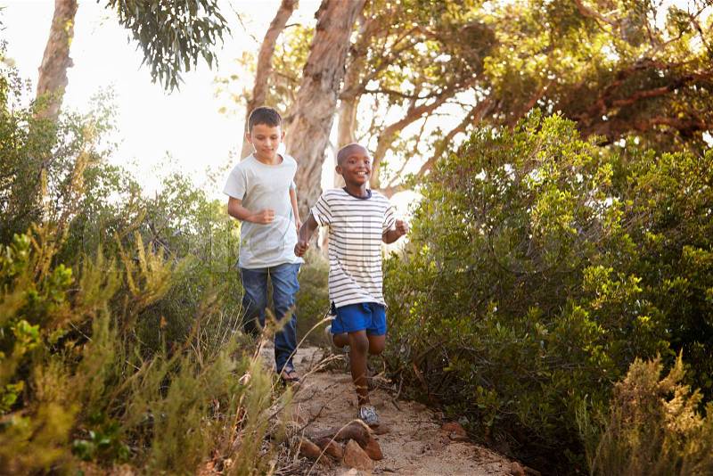 Two smiling young boys running down a forest path, stock photo