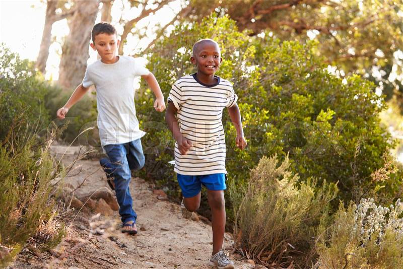 Two happy young boys running down a forest path, stock photo