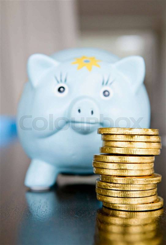 A pile of money and a piggy bank, stock photo