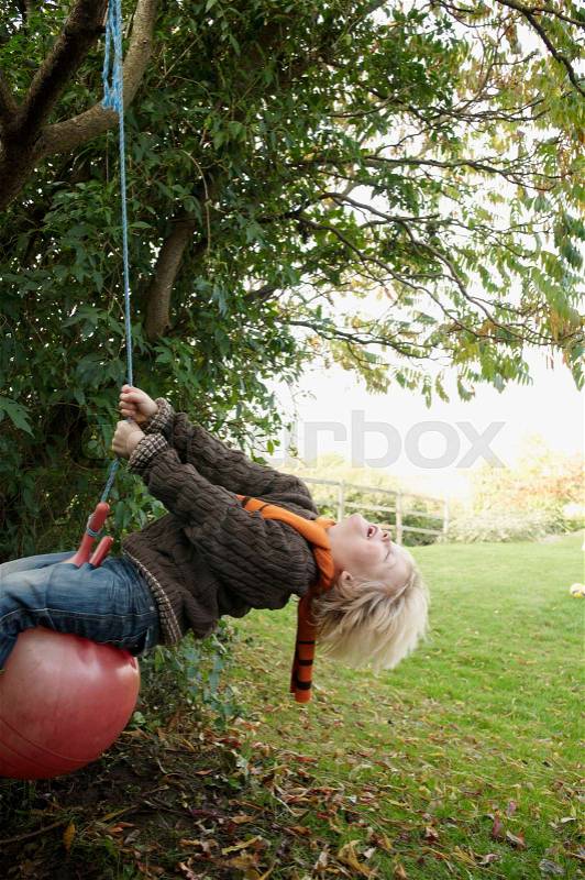 Young boy on tree swing, stock photo
