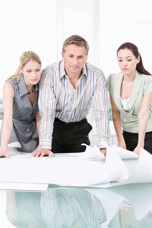 Three colleagues looking at some plans, stock photo