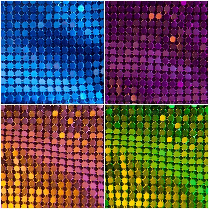 Bright pink, blue, green and yellow paillette textures background, stock photo