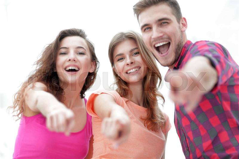 Closeup of three young people showing hands forward. the concept of perspectives, stock photo