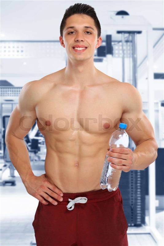 Bodybuilder bodybuilding drink water beverage gym muscles strong muscular fitness studio, stock photo
