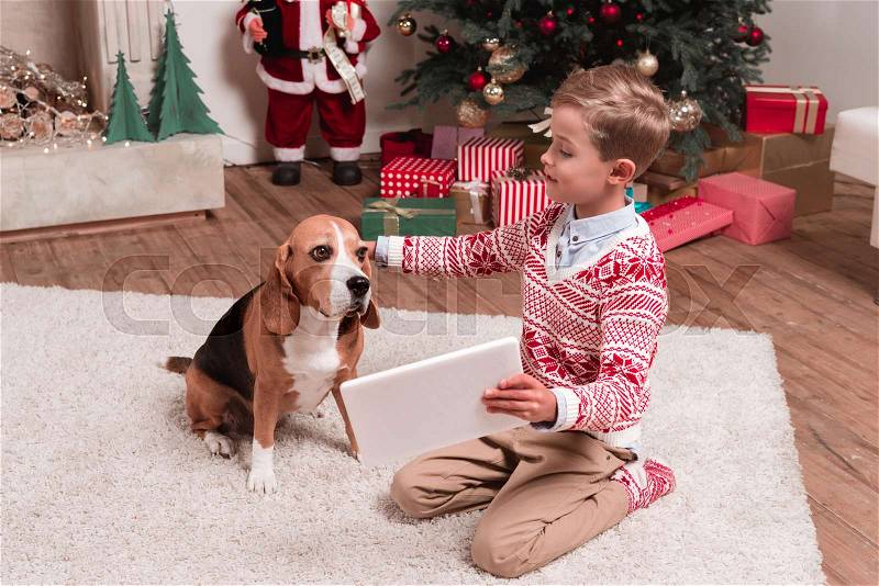 Happy little boy showing tablet to dog on christmas, stock photo