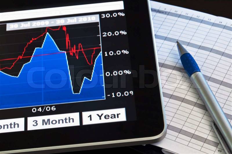 Modern tablet computer displaying stock chart with calendar and pen next to it, stock photo