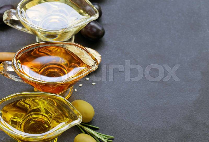 Various types of vegetable oil - sesame, olive, linseed and grape seeds, stock photo