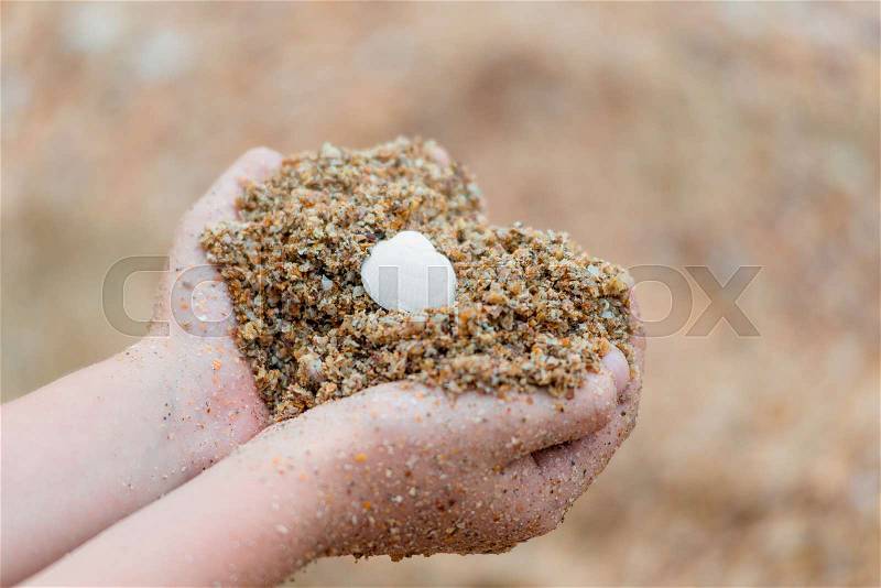 Closeup of a child\'s hand with sand on the beach, stock photo
