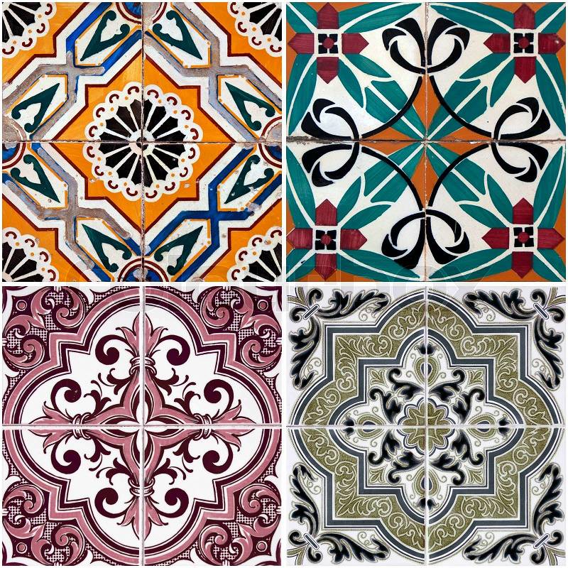 Colorful vintage ceramic tiles wall decoration | Stock ...