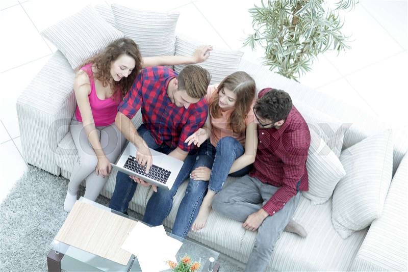 View from the top. friends watching video on the laptop.photo with copy space, stock photo