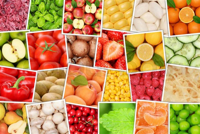 Fruits and vegetables background top view collection apples oranges lemons tomatoes fruit from above, stock photo
