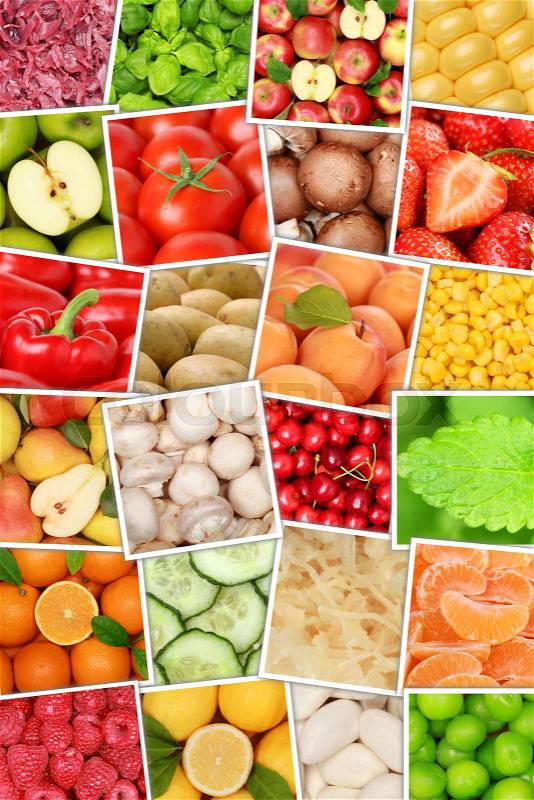 Fruits and vegetables background top view collection portrait format apples oranges lemons tomatoes fruit from above, stock photo