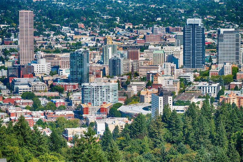 PORTLAND, OR - AUGUST 2017: Aerial view of Portland skyline. The city attracts 3 million tourists annually, stock photo