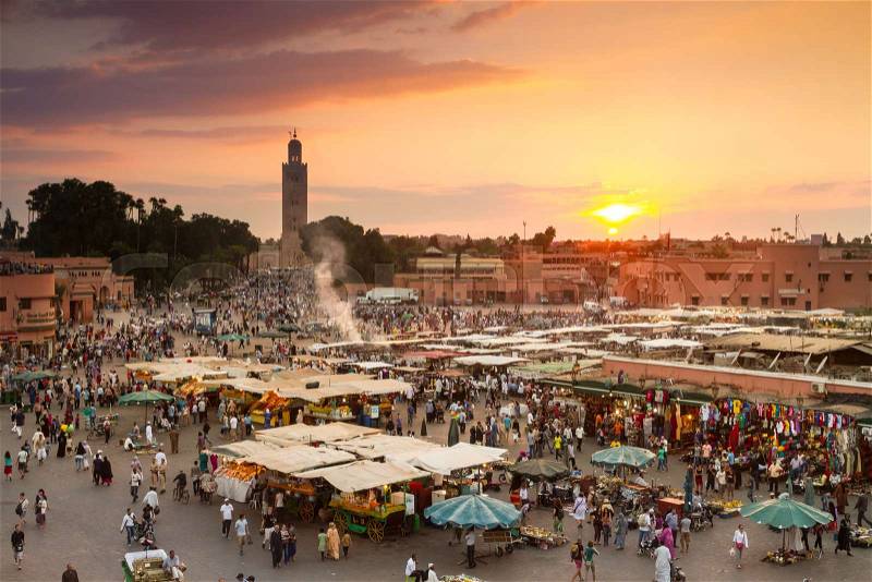 Jamaa el Fna market square, Marrakesh, Morocco, north Africa. Jemaa el-Fnaa, Djema el-Fna or Djemaa el-Fnaa is a famous square and market place in Marrakesh\'s medina quarter, stock photo